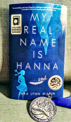 'MY REAL NAME IS HANNA' book cover with the gold medal Florida Book Award